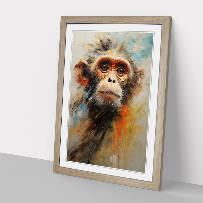 XYZ-FRM-V1223-4537 Monkey Gestural No.2 - Single Picture Frame Print on Wood, 64cm H x 46cm W x 2cm D, Oak 