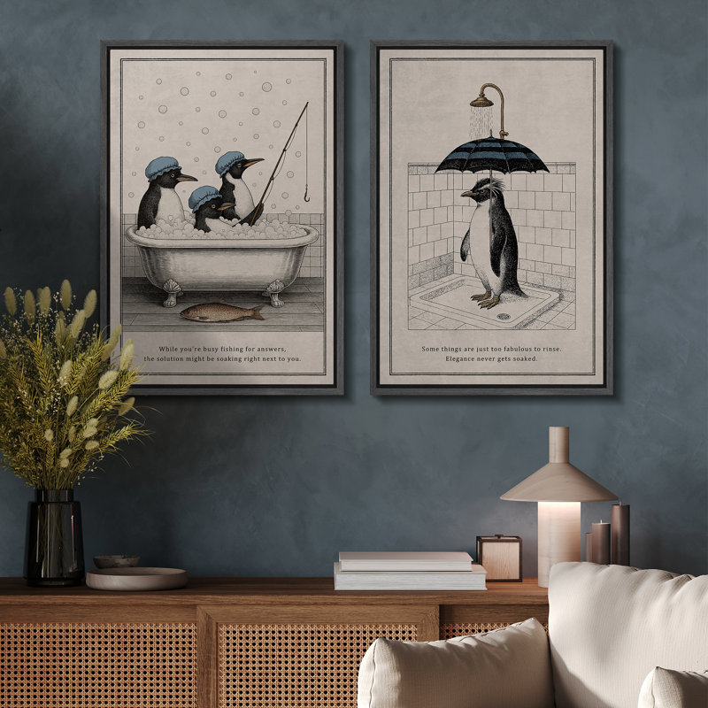 Art mural pingouin avec parapluie, reproduction d'art amusante pour salle de bain moderne ou décoration originale
