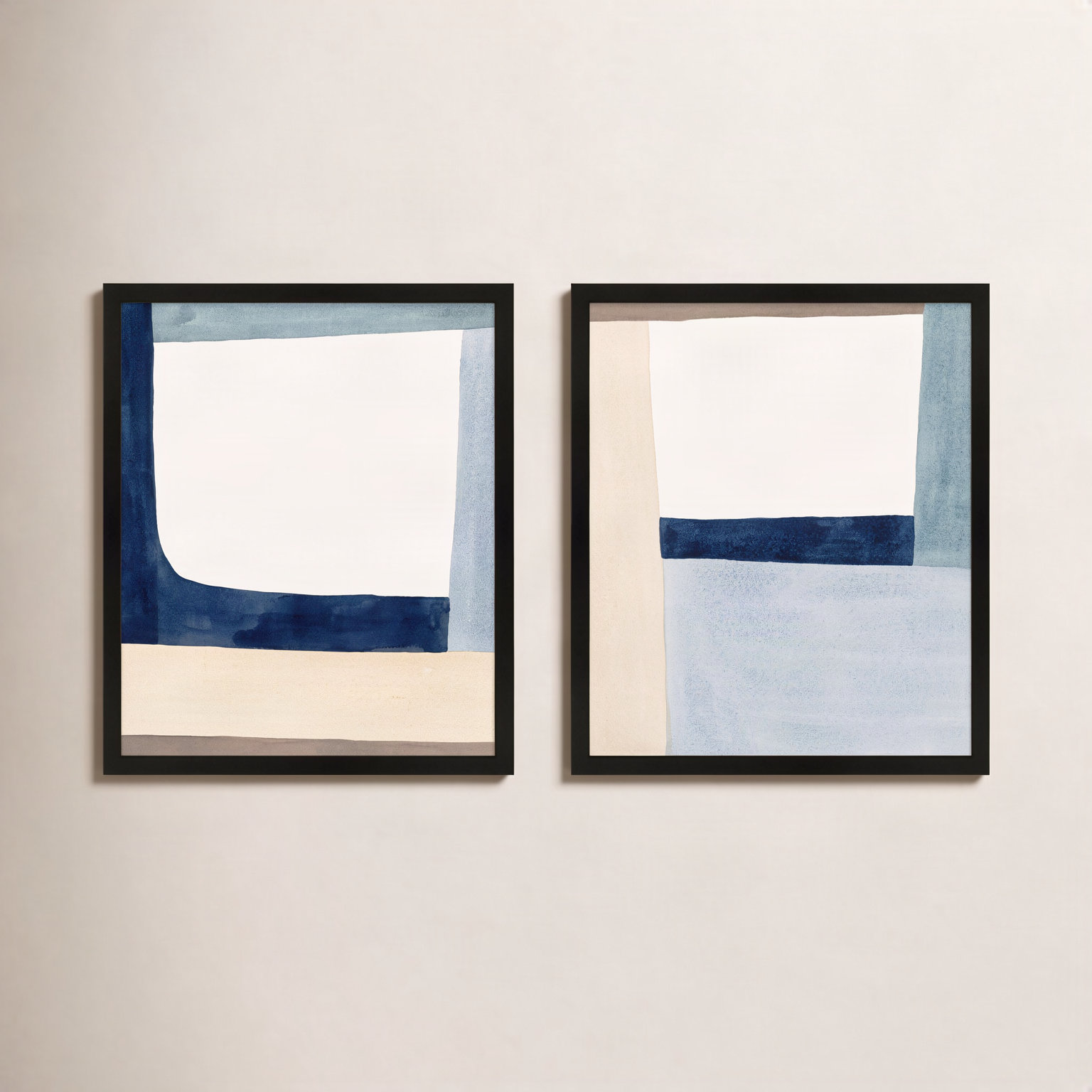 Composition in Blue 2-Piece Print Set, 30" H x 48" W, Picture Framed Canvas, White