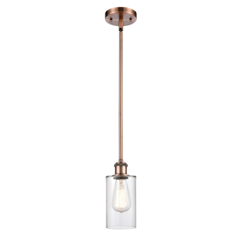 Luminaire suspendu cylindrique simple à 1 lumière Glessite, Ampoule non incluse, Transparent, Cuivre antique