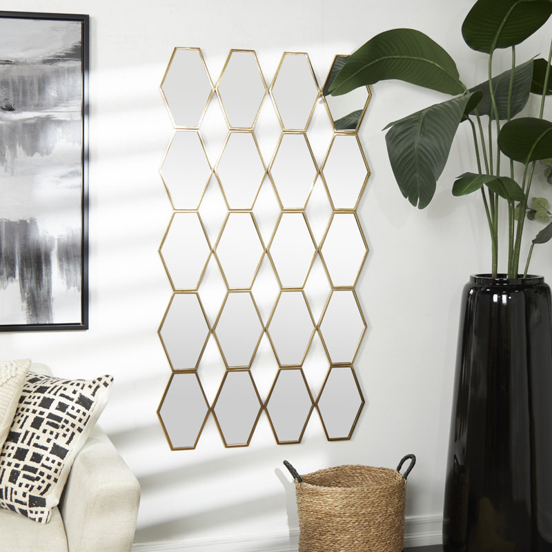 Mahnaz Metal Gold Wall Mirror with Diamond and Hexagon Shaped Mirrors