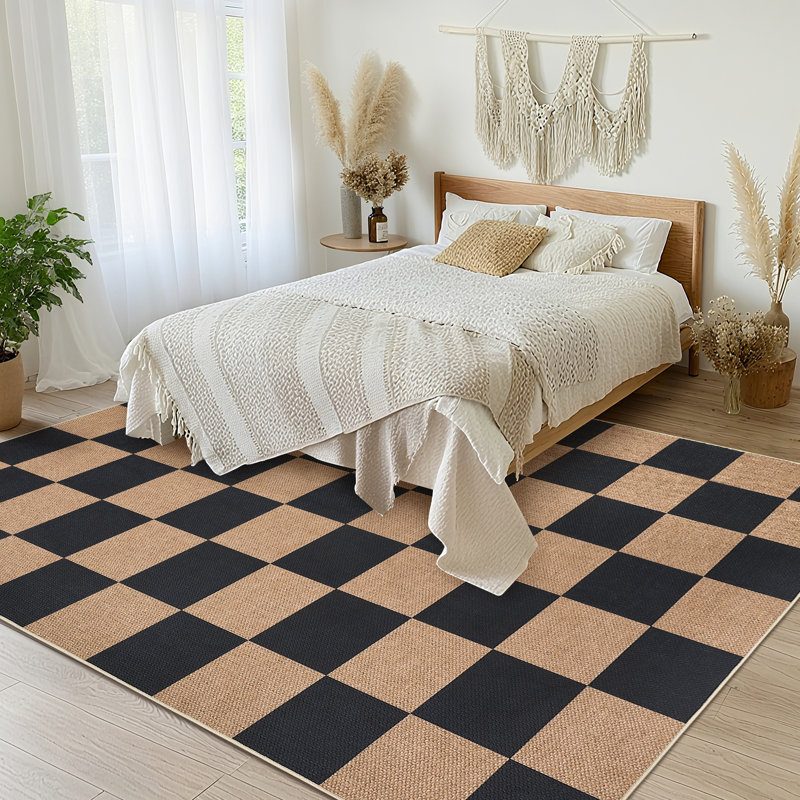 Modern Checkered Jute Area Rug - Washable, Non-Slip, Geometric Carpet for Living Room, Bedroom, Dining Room, Entryway - Indoor Outdoor, Mark Resistant - Black 