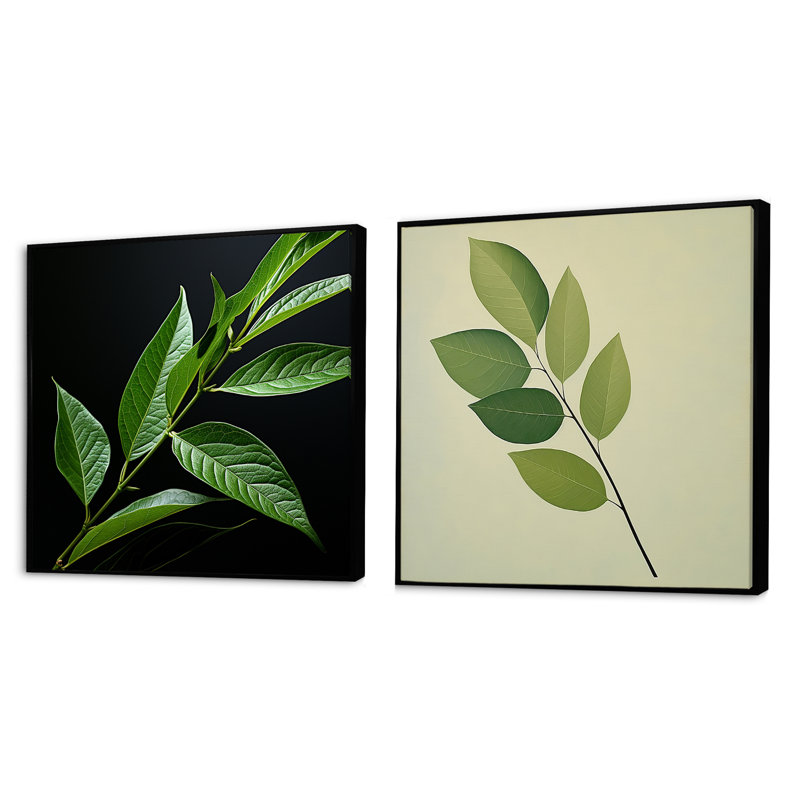 Simplicity in Sage Leaves - Ensemble de 2 feuilles carrées, Cadre flottant noir, H 16 po x l 33 po