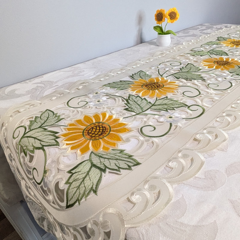 Sunflower Embroidered Cutwork Rectangular Table Runner, 45" L x 16" W