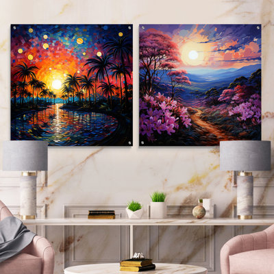 Palm Trees Colorful Pointillism I - Palms & Palm Trees Acrylic Wall Art Glass Set Of 2