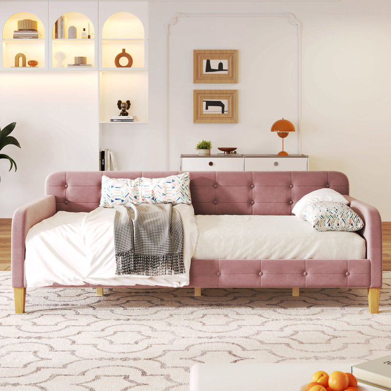 Lit de jour rembourré avec 4 pieds de soutien, Complet/Double, Rose