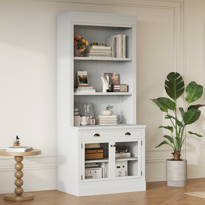 83.4"Tall Bookshelf, Modern Bookcase With 2 Glass Doors And 1 Drawer,Storage Bookcase With Open Shelves For Living Room,Home Office