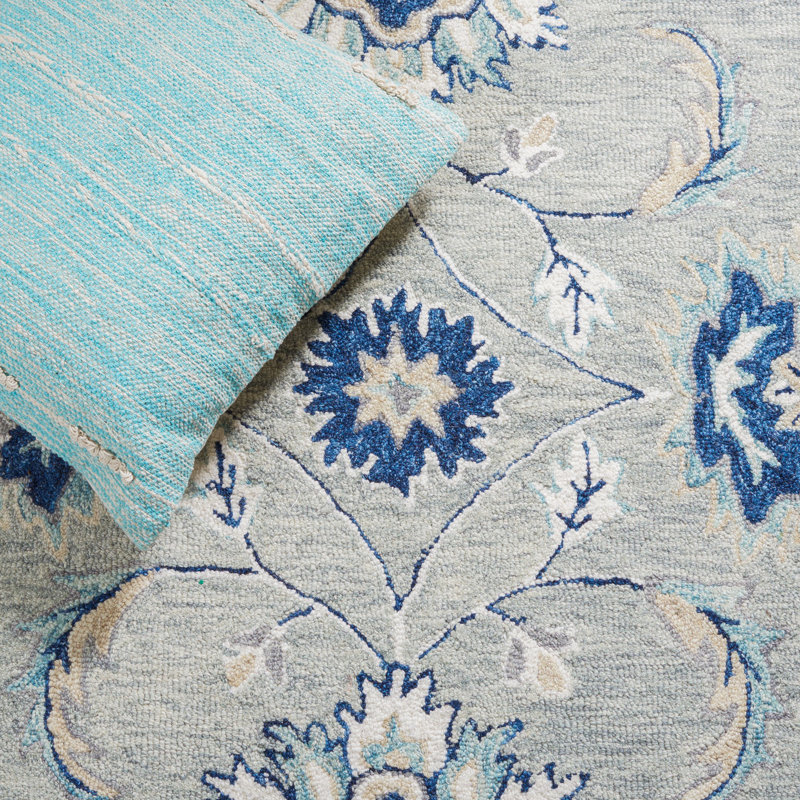 Saguenay Micro-Loop Hand Tufted Wool/Cotton Floral Rug in Blue, Square 5'