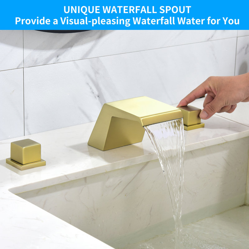 Waterfall 8 In. Widespread Double-Handle Bathroom Faucet Set 3-Holes Vanity Sink, Brushed Gold