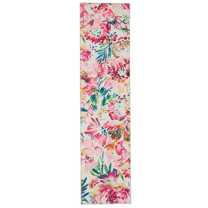 Tapis lavable à la framboise et à l'ivoire tissé à la machine Migliore, Tapis de couloir 2 pi x 8 pi