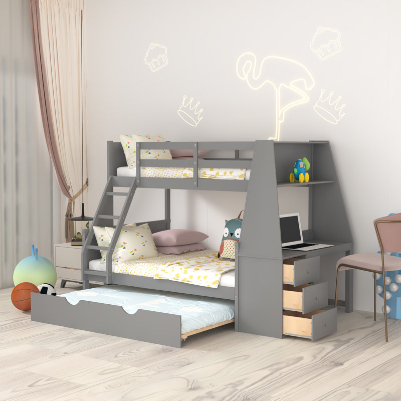Fjolla Twin over Full 3 Drawer Standard Bunk Bed with Built-in-Desk by Harriet Bee, Gray