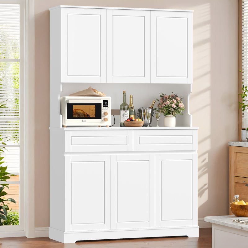 Garde-manger en bois 74 po avec tablette à micro-ondes et tablettes réglables, blanc, Blanc
