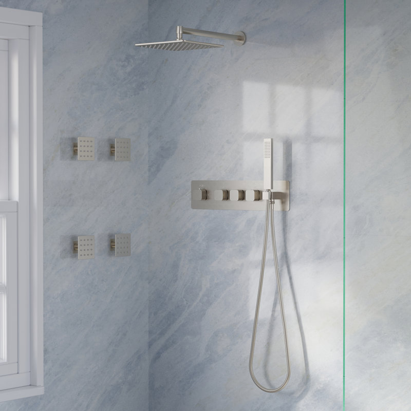 Système de douche thermostatique avec pomme de douche carrée ultra-mince de 10 po, jets de corps et douche à main