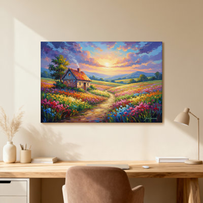 Paysages pittoresques et urbains, campagne, coucher de soleil, champ de fleurs, chemin, ciel, montagnes