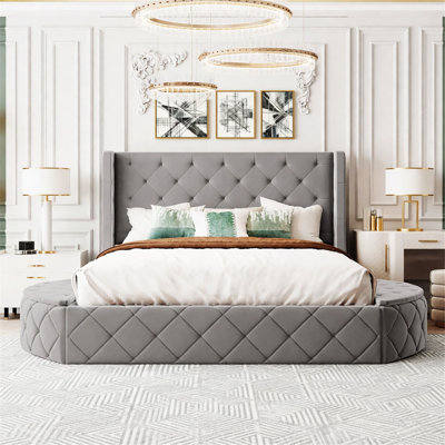 Upholstered Platform Bed, Storage Bed With Wingback Headboard And 1 Big Drawer