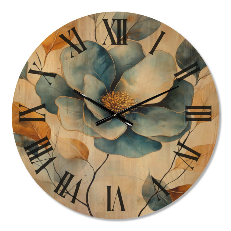 Horloge murale silencieuse à motif floral Azure Blossom And Gold, imprimée sur bois, Large