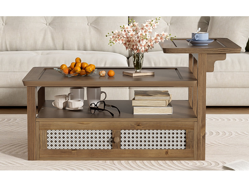Table basse moderne U-Can, table basse avec 1 tablette de rangement, 2 plateaux de table et 1 tiroir en rotin pour le salon