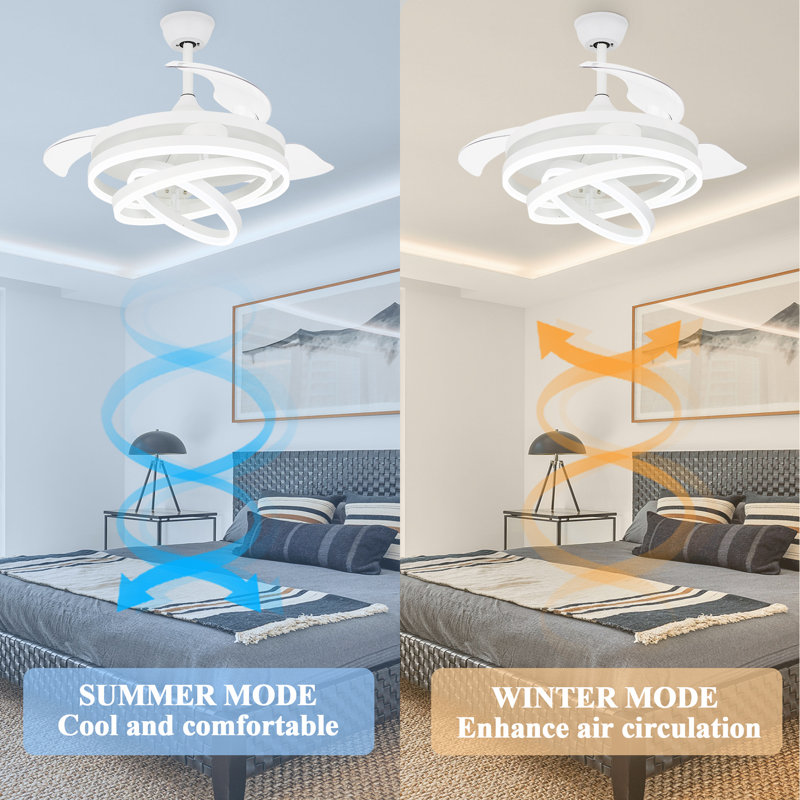 42" Modern Retractable Ceiling Fan With Dimmable LED Light, DIY Shape 6 Speeds Chandelier Ceiling Fan With Remote Control For Bedroom