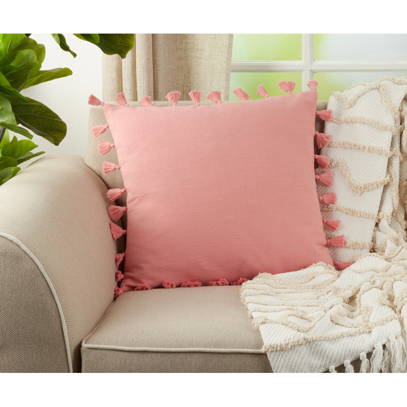 Housse et insert de coussin carré en coton à pampilles, Turquoise, Polyester/ Bourre en polyester