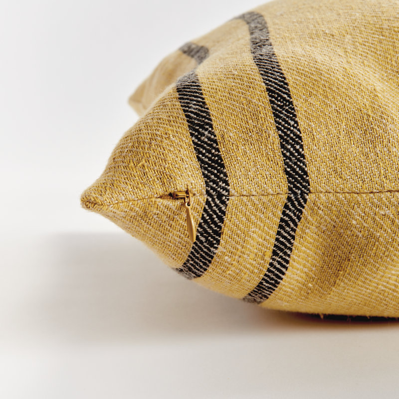Finn Linen Throw Square Pillow Cover & Insert, Ochre/Charcoal Striped, Square 20" x 20"