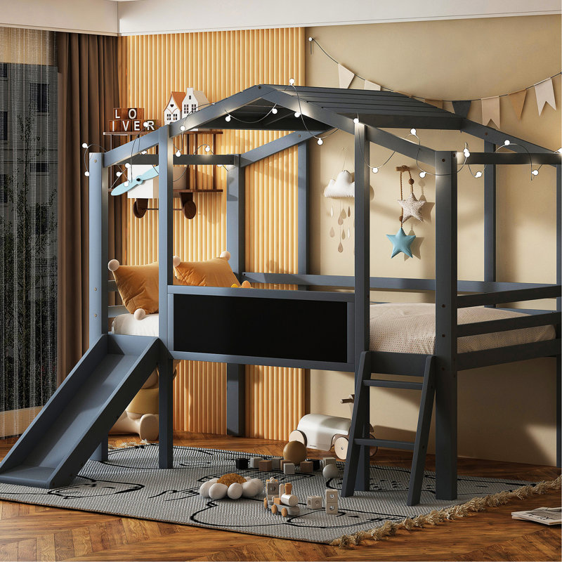 Twin Size Loft Bed With And Slide - Gray, House-Shaped Blackboard Bewitching Strip On Roof, Ages   6 Years Of Age Gray Enjoyable Slide, House Roof For Above