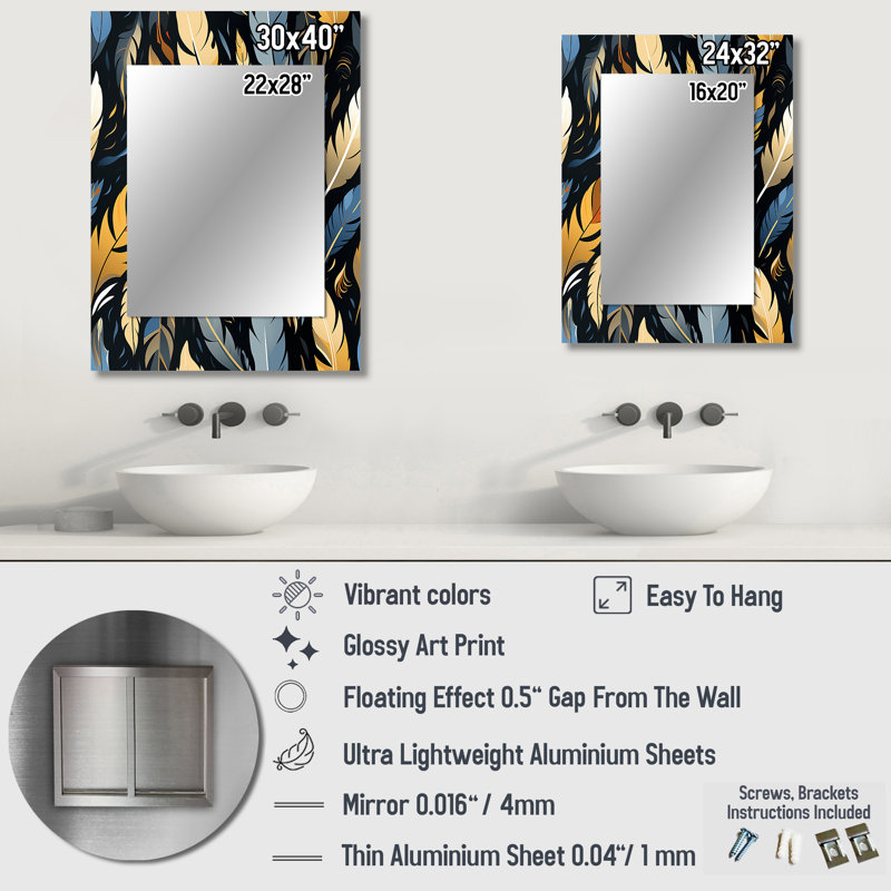 Feather Tribal Fusion - miroir unique abstrait, grand miroir mural moderne, impression d'art en métal, 32 po x 24 po
