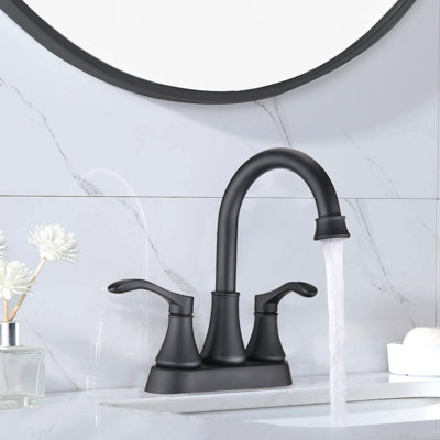 Matte Black Two Handle Sink Tap, 4" Mount, With Drain, Scald, Easy To Install, Brass Construction, Stable Flow 2.5 Gpm Bathroom Faucet With 2 Handles, 4 In. Drain Assembly, Scald Feature,