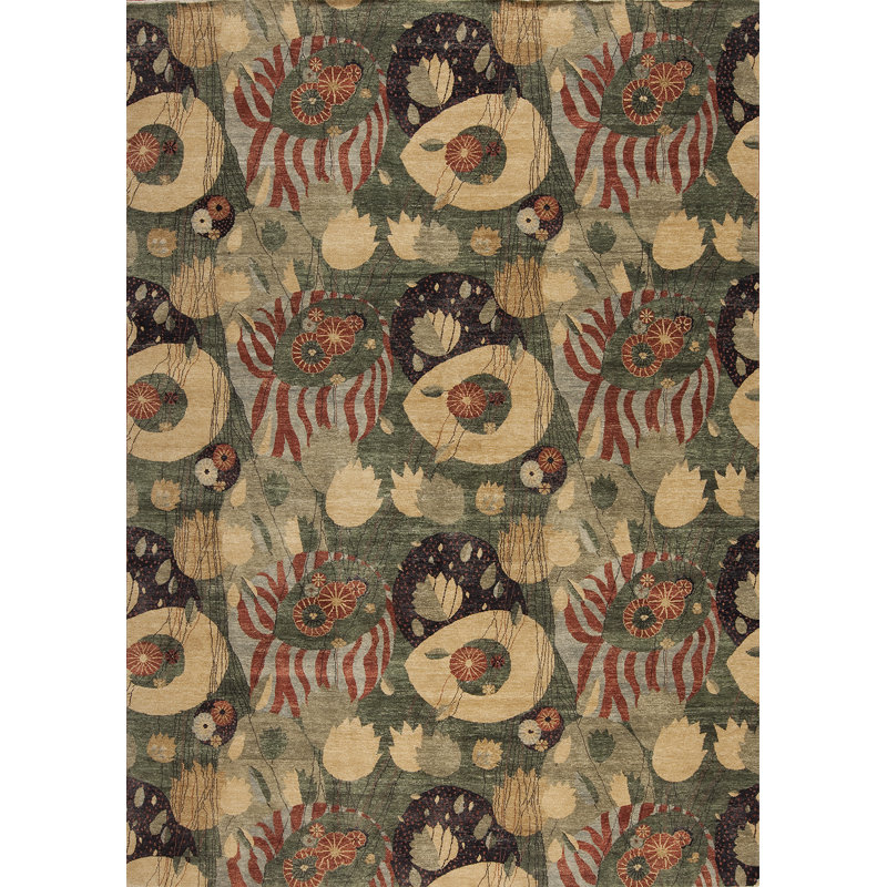 Whimsical Hand Knotted Wool Floral Area Rug, Rectangle 10' x  14'