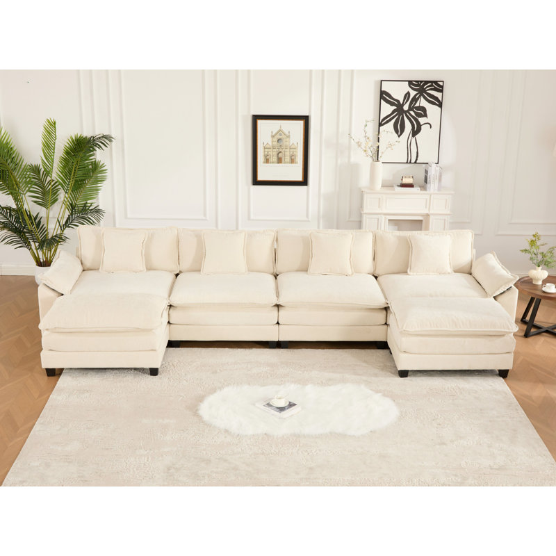 Canapé modulaire en forme de U Grid, canapé surdimensionné avec repose-pieds, Chenille beige, H 33 po x l 153 po x P 30 po
