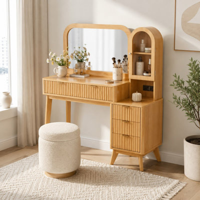 Coiffeuse cannelée de 122 cm avec miroir de 81 cm, plateau en verre, armoire de rangement et station de recharge, couleur naturelle