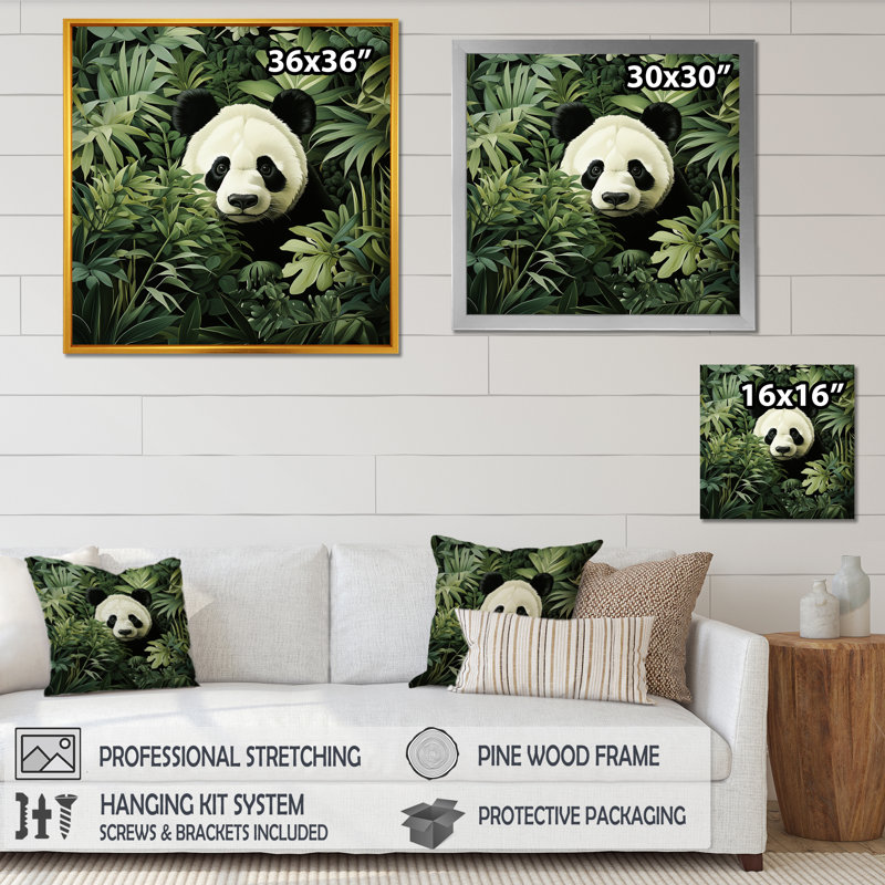«Hideaway Panda Bamboo Foliage II», art mural animal panda, Cadre simple argenté, H 36 po x l 36 po x P 1,5 po