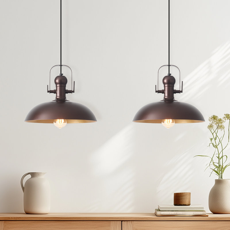 2-Light 13.8'' Kitchen Island Dome Pendant Light for Kitchen Barn Hallway Porch Dining Room, Brown