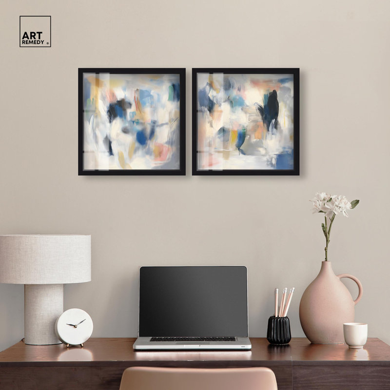 Ensemble d'art abstrait moderne « Daybreak Revelry » en impression sous cadre, par Art Remedy, cadre noir, 12 x 12
