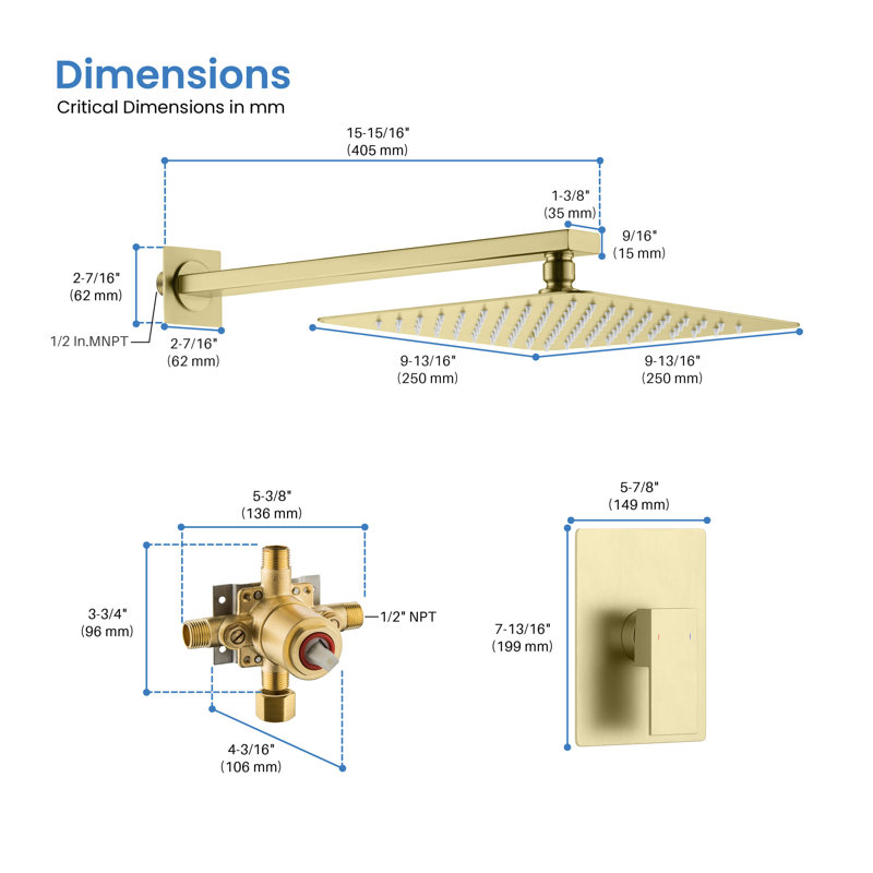 Dual Function Complete Shower System with Rough in-Valve, Brushed Gold