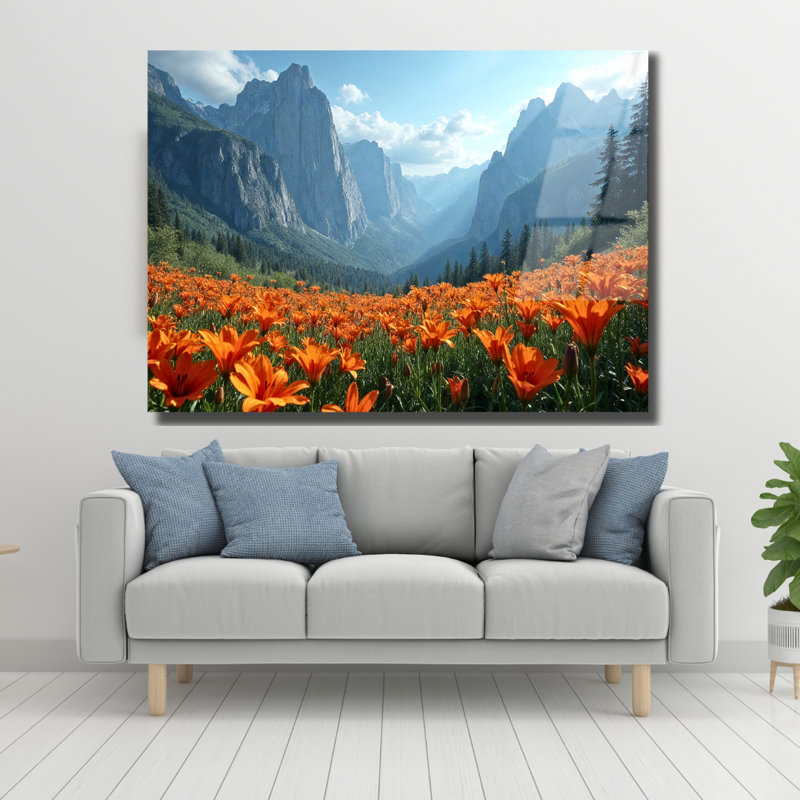 Art mural en verre trempé orange avec coquelicots - paysage du parc national de Yosemite, H 8 po x l 12 po