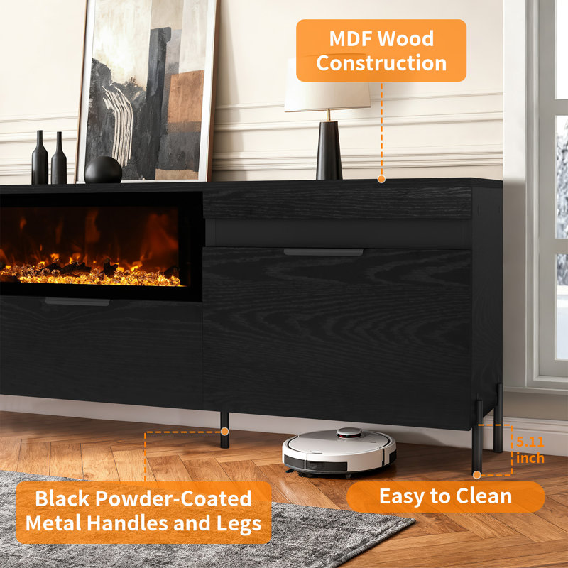 80" Fireplace Tv Stand With 40" Fireplace, Entertainment Center With Storage, Black