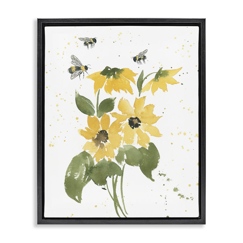"Bumble Bees & Daisies", art mural encadré flottant par Lucille Price, Cadre flottant noir de jais, H 21 po x l 17 po