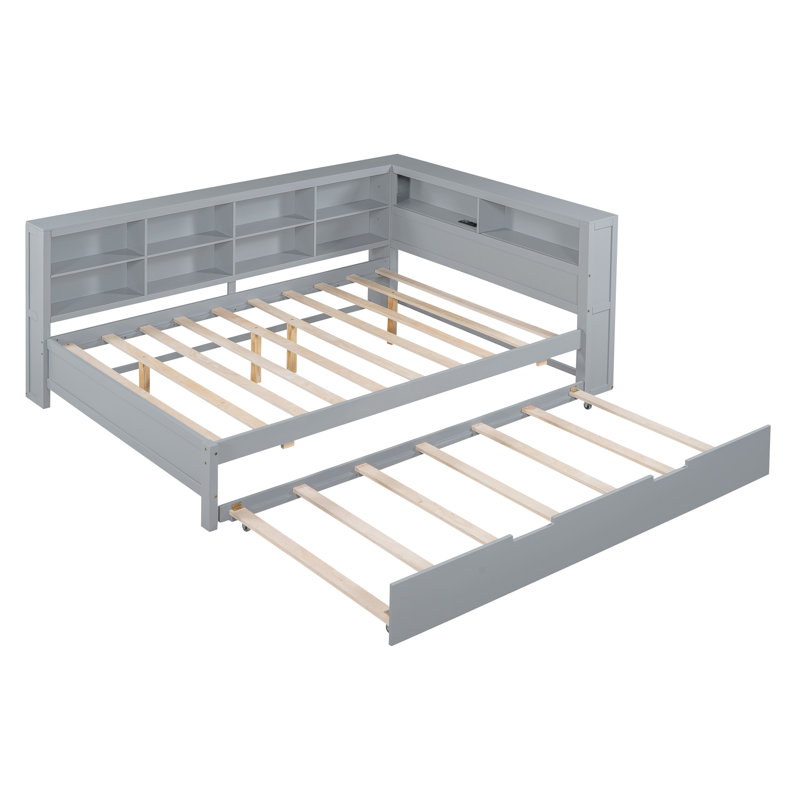 Lit de jour en bois avec lit gigogne simple, tablette de rangement et ports de chargement USB, gris