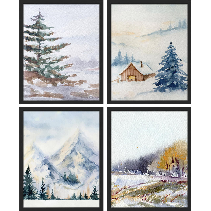 Hiver neige neige givré pastel chalet en bois rond 4 pièces, Blanc, H 14 po x l 11 po