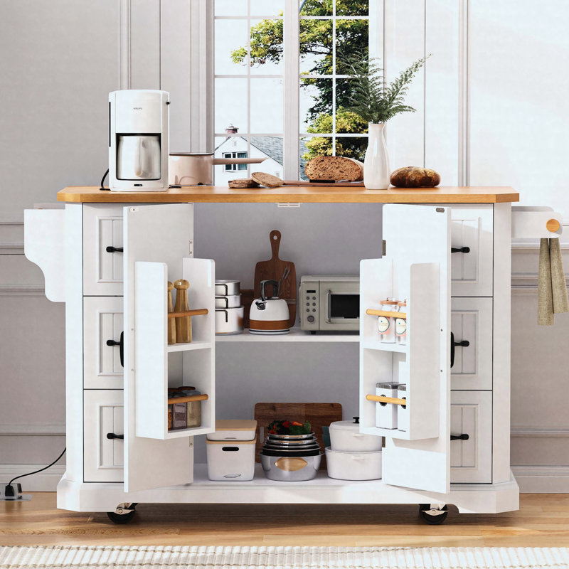 56 inch Kitchen Island with Rubber Wood Veneer Drop Leaf, Power Outlet, 4 Door Shelves, Embossed Vertical Stripe Rolling Kitchen Cart on 4 Wheels with 6 Deep Drawers for Kitchen, Dining Room,White