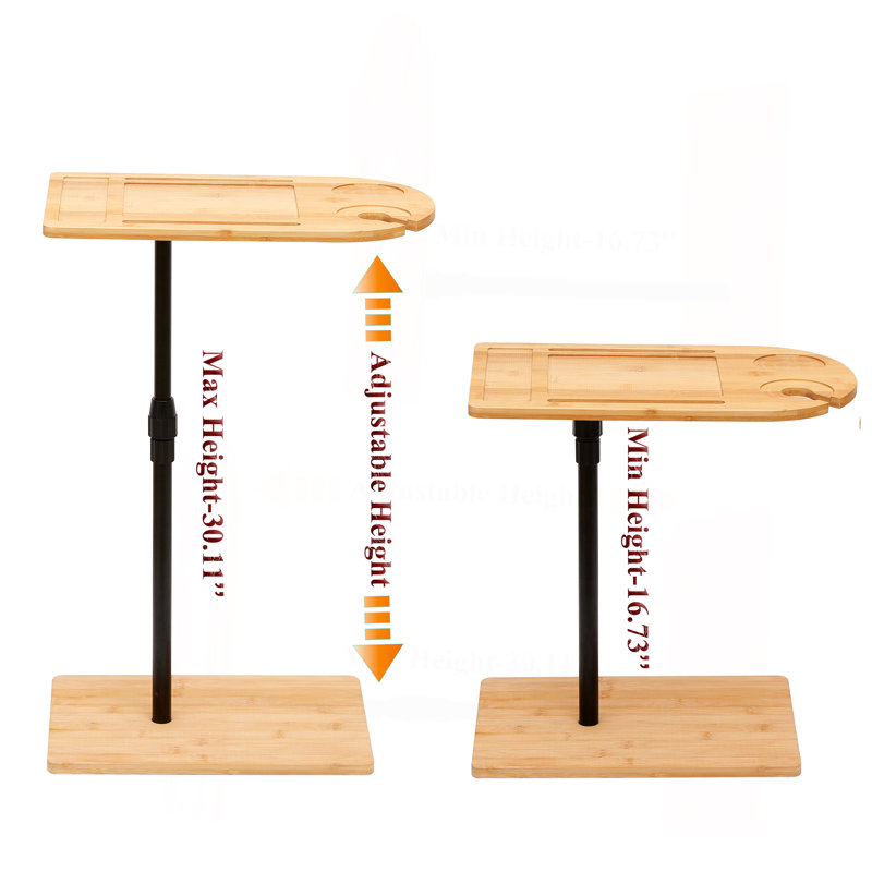Couch Tray Table Bamboo Height Adjustable Side Table For Sofa C-Shaped Oval End Tables With Slots For Bed & Chairs In Living Room & Bedroom
