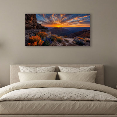 Canvas Wall Art Grand Canyon Sunset Landscape Colorful Wildflowers Dramatic Rocky Wall Decor for Living Room Bathroom Bedroom Office 20"H x 40"W Art Paintings, Ready to Hang