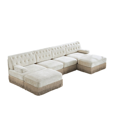 Beige Velvet 4-Seater Modular Sectional Sofa with 2 Ottomans, Button Tufted Tassel Chesterfield Sofa W714S01690 for Living & Bedroom Spaces