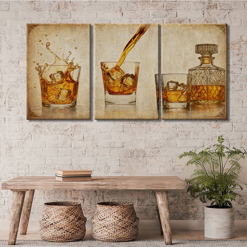 Bouteille en verre de whisky rétro vieilli, toile morte tendue avec châssis prêt à accrocher, grotte, 3 pièces