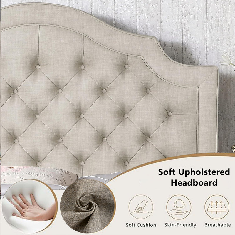 Lit rembourré en lin avec tête de lit réglable et capitonnage à boutons, Beige, Grand