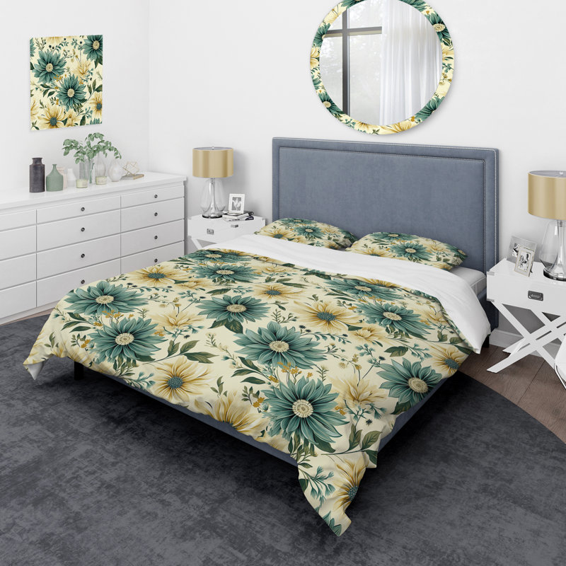 Literie rétro vert et beige Dahlia I, Housse de couette pour très grand lit et 2 très