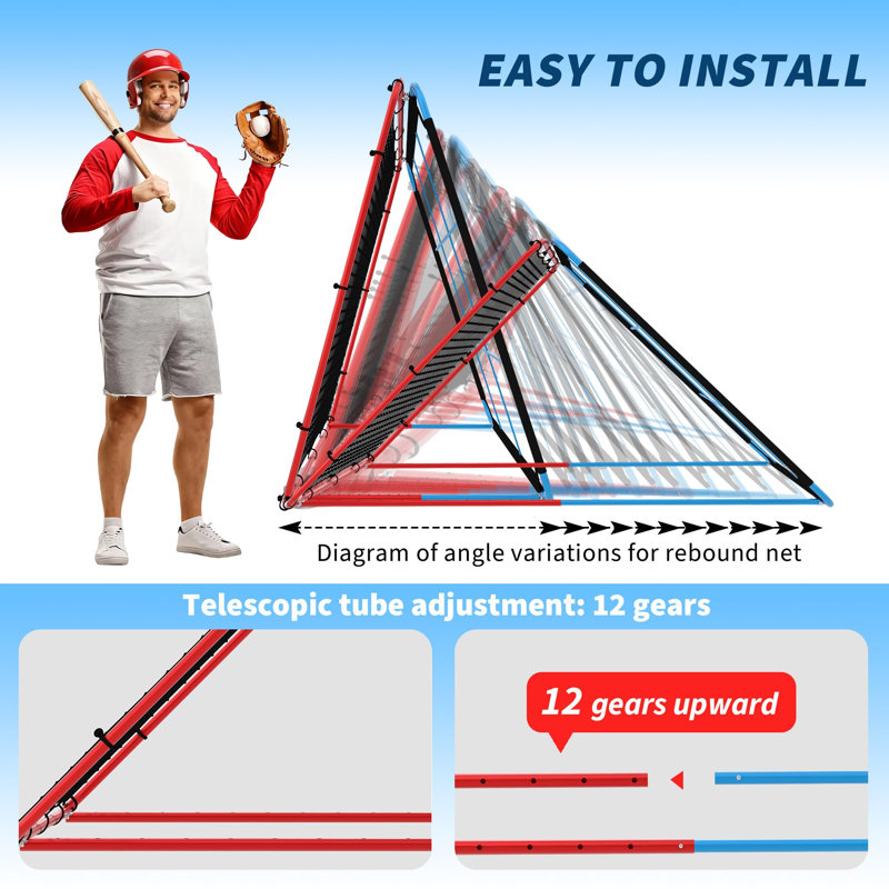 Filet de baseball rebondissant 7 pi x 5 pi, filet de lancer réglable à 12 angles avec 9 trous, équipement d'entraînement multisports pour balle molle, volleyball, pratique de soccer