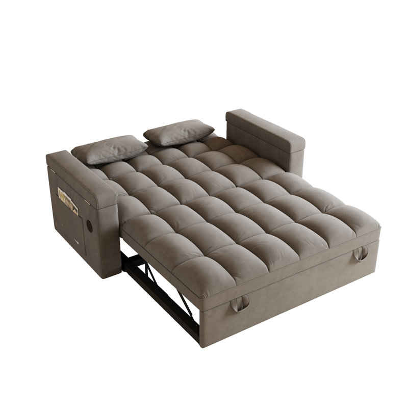 Canapé-lit convertible en velours de 65 pouces avec station de charge USB et accoudoirs de rangement - Canapé-lit moderne pliable 3-en-1 pour les petits espaces