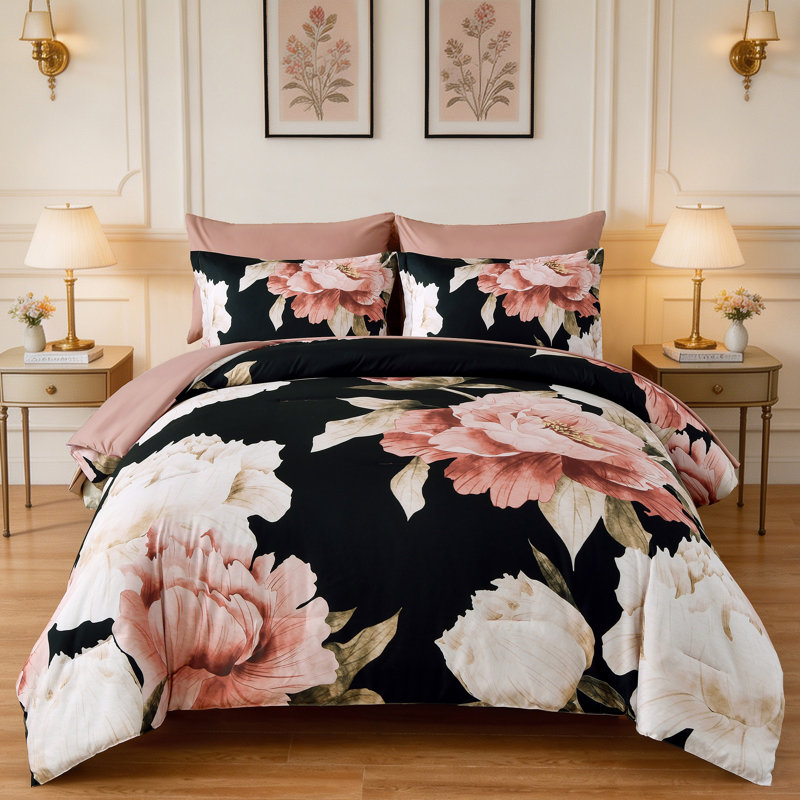 7-Piece Large-Scale Floral Comforter Set Vintage Botanical Print Duvet Cover Set Bed in a bag, Pink Black