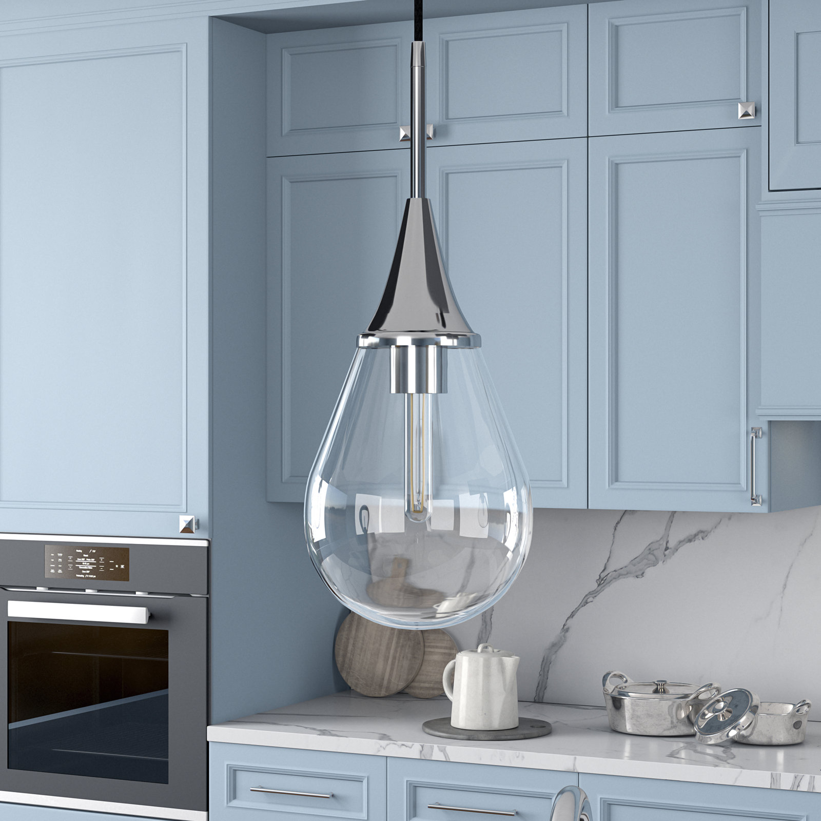 Hoye Single Light Glass Dimmable Pendant, 19.12"H x 7.63"W x 7.63"D, Clear, Sliver